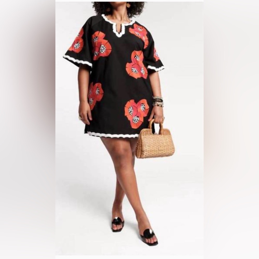 FRANCES VALENTINE Black charming mini japanese poppy caftan dress Size Small